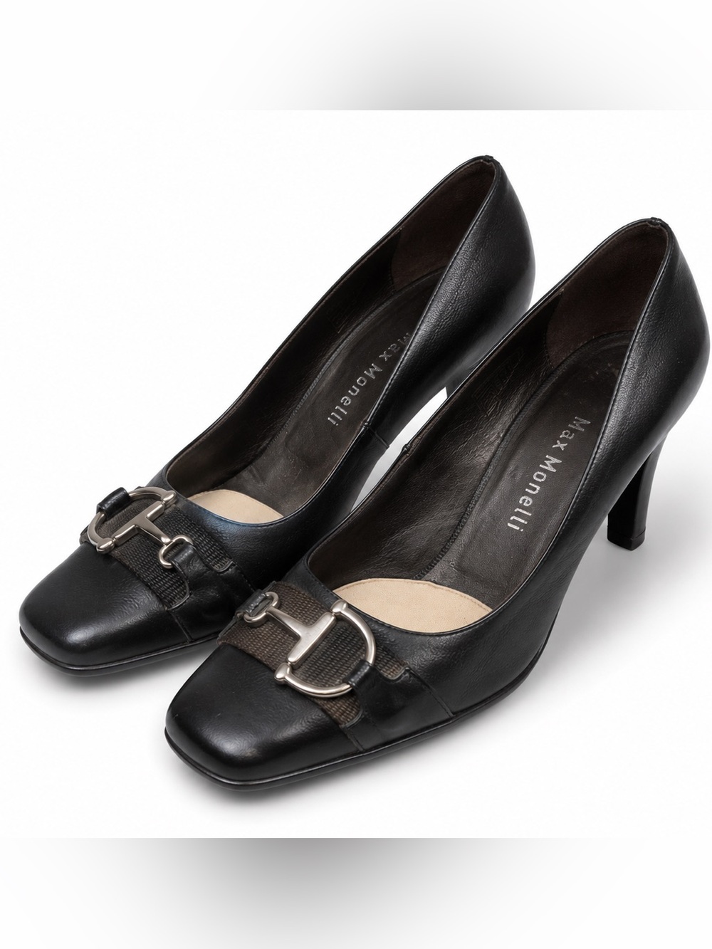 Max Monelli Black Leather Horsebit Pumps Heels Size 39 Made in Italy